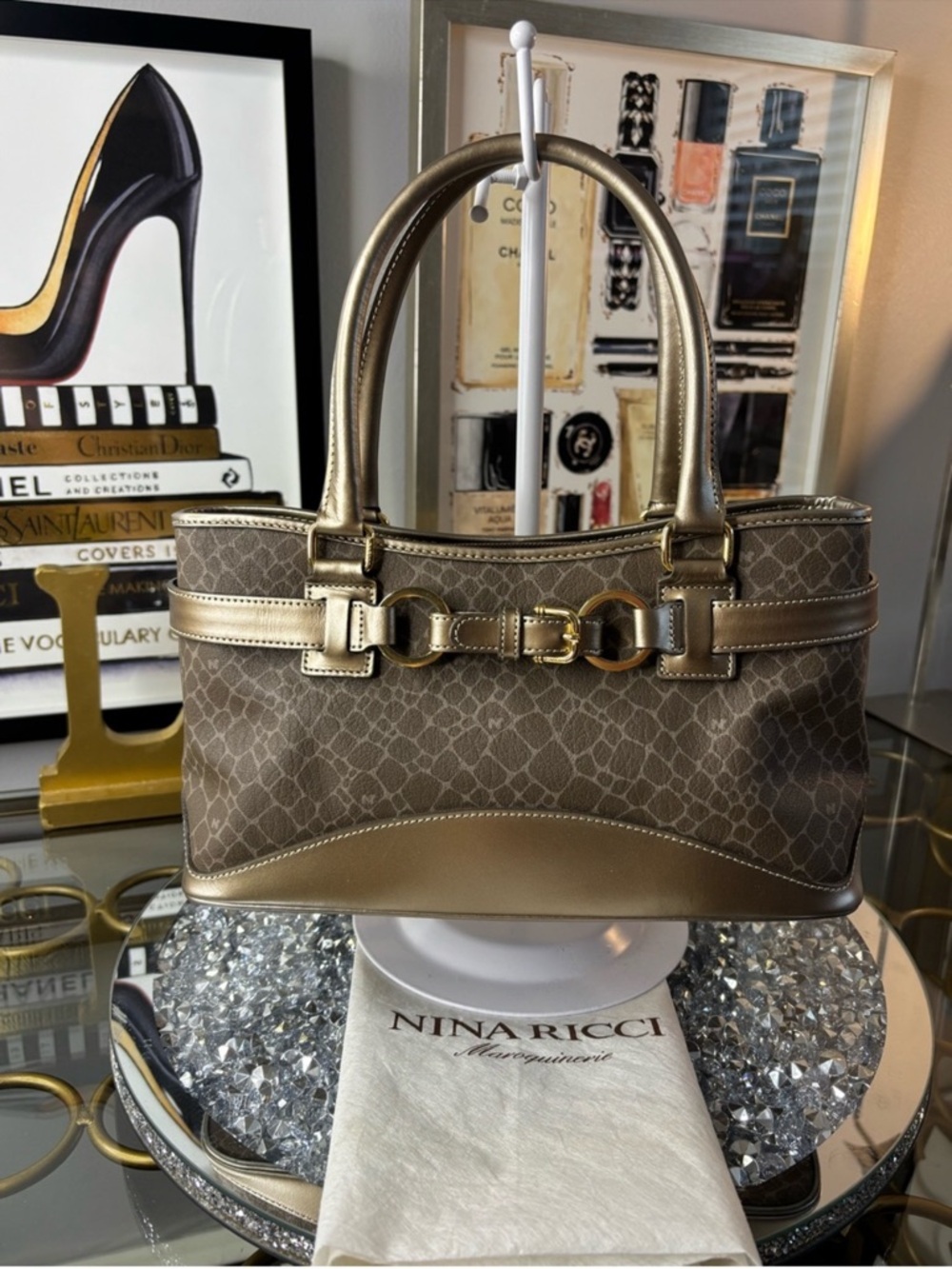 Nina Ricci Taupe Patterned Tote Handbag with Gold Hardware